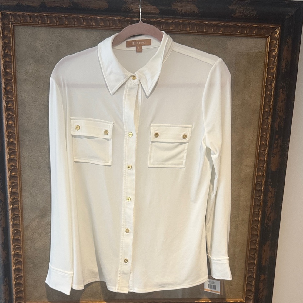 NWT Ellen Tracy Ivory Button-Down Shirt w/ Gold Decorative Buttons